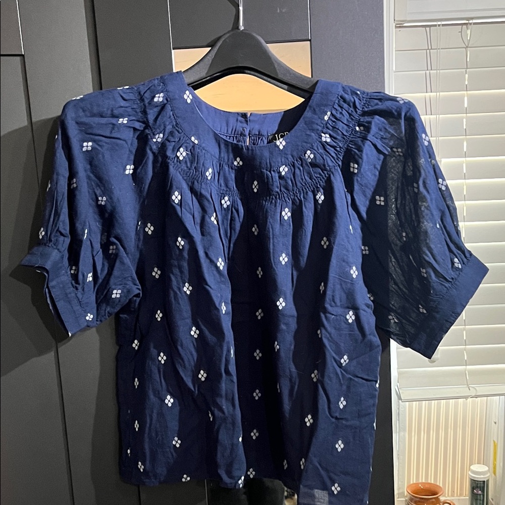J. Crew Dark Blue Blouse with White Embroidery